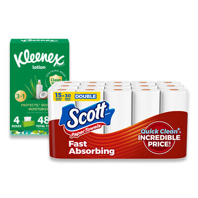 Kleenex Facial Tissue 4pk and Scott Towels 15 Double Rolls