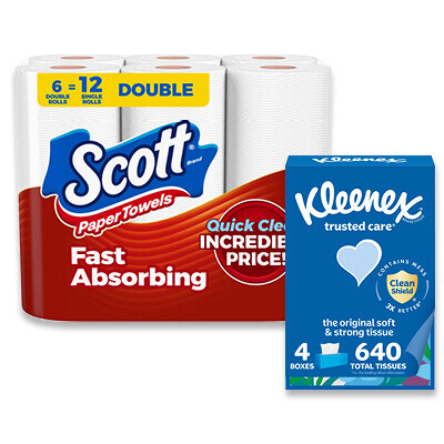 Kleenex Facial Tissue 4pk and Scott Towels 6 Double Rolls