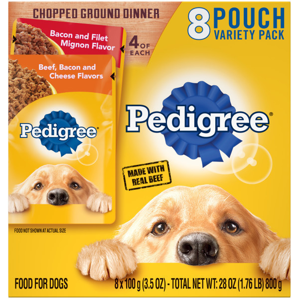 Pedigree® Chopped Ground Dinner Beef Bacon and Cheese Flavors and Bacon and Filet Mignon Flavor
