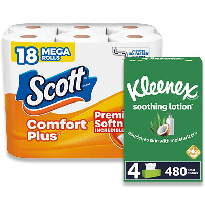 Kleenex Soothing Lotion Flat 4pk and Scott Comfort Plus Toilet Paper 18 Mega Rolls