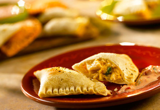 End-Zone Empanadas with Roasted Red Pepper-Poblano Dip