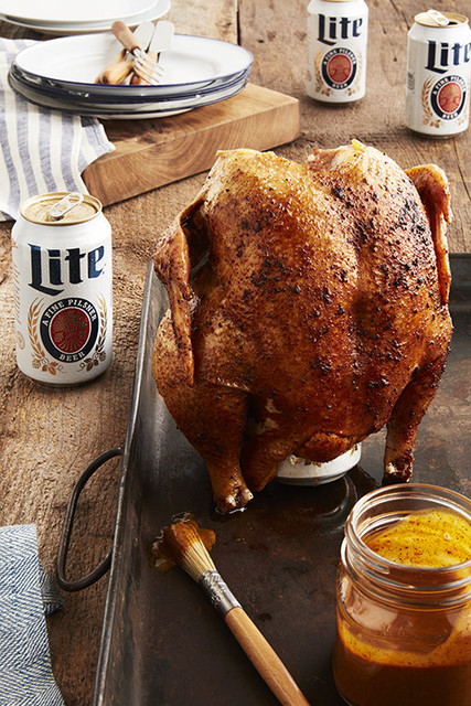 Beer Can Chicken with Miller Lite-Mustard BBQ Sauce