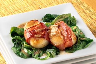 Turkey Bacon-Wrapped Scallops with Wilted Spinach