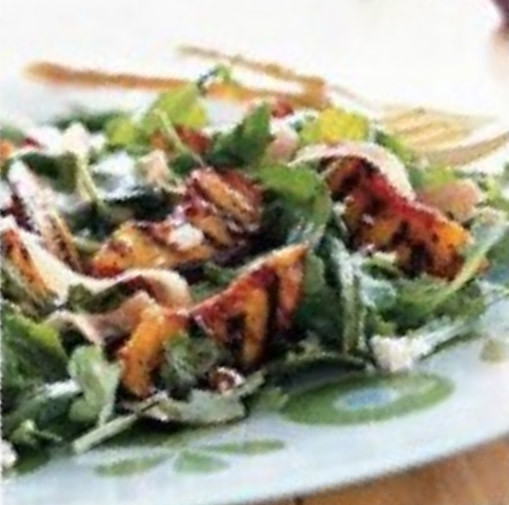 Grilled Peaches over Arugula with Goat Cheese and Prosciutto