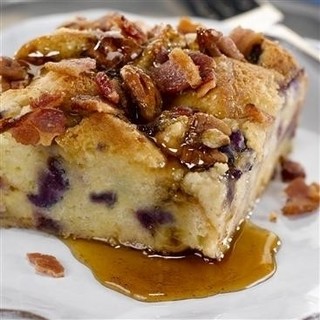 Blueberry French Toast Bread Pudding w/ Smoky Bacon